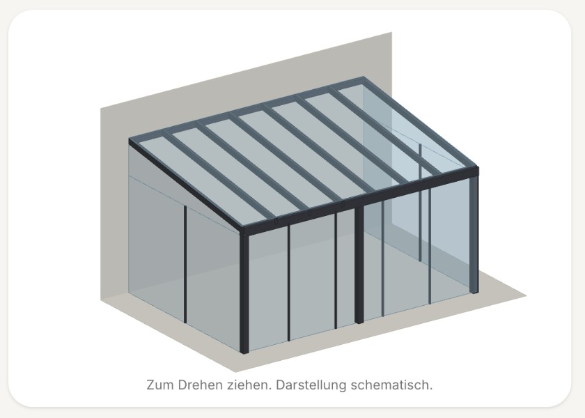 Konfigurator, Schritt Ausstattung: 3D-Bild mit Glasseitenteilen und Glasschiebetüren, daneben Farbauswahl.