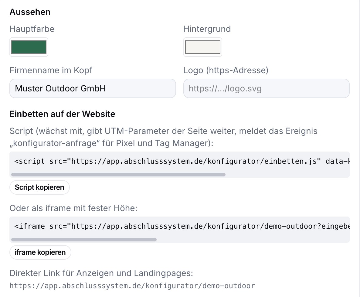 Einstellungen des Konfigurators: Hauptfarbe, Hintergrund, Firmenname, Logo und die Einbettung per Script, iframe oder direktem Link.