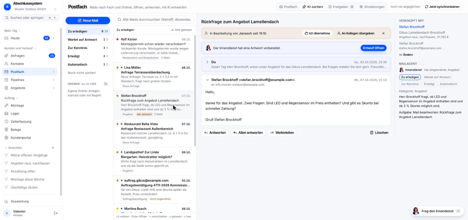 Geöffnete Unterhaltung Rückfrage zum Angebot Lamellendach: Hinweis Der Innendienst hat eine Antwort vorbereitet, rechts verknüpfter Vorgang, Fach, Kategorie Angebot, Kurzfassung und Aufgabe